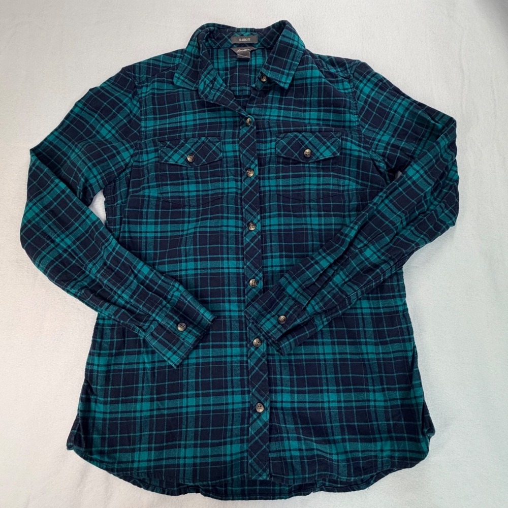 Eddie Bauer Mens Flannel Shirt Small Teal Blue Plaid Long Sleeve Cotton 14974